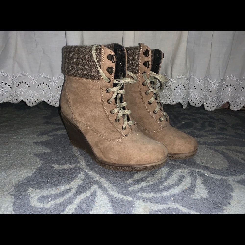 Tan booties with wedge heel